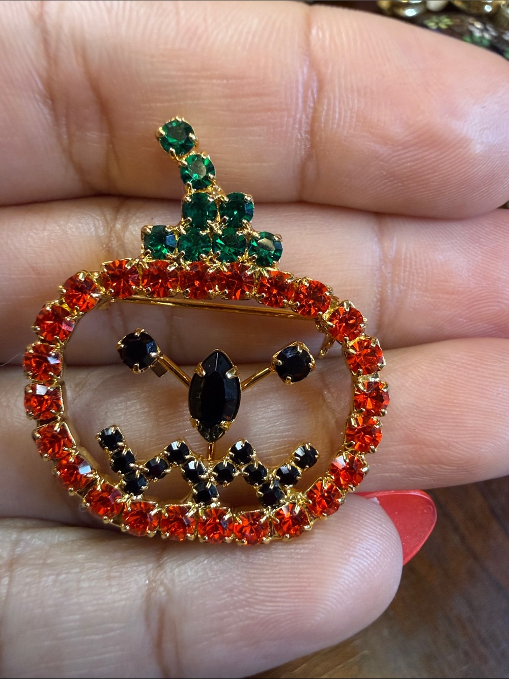 Gold-Tone Halloween Pumpkin Crystal Brooch - Orange Green Black